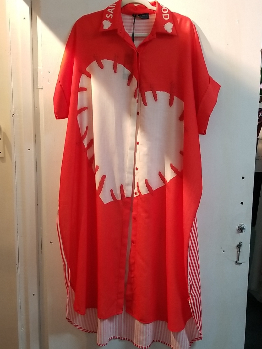 Red Heart Print Button-Front Shirt Dress - Unbranded
